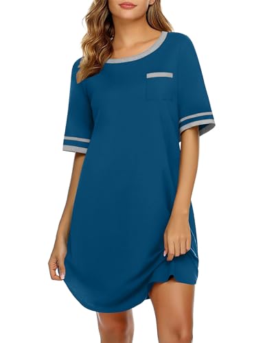 Cotton Nightgowns for Women Soft Sleepwear Comfy Short Sleeve Sleep Shirts Crew Neck Night Shirts with Pocket S-3XL
