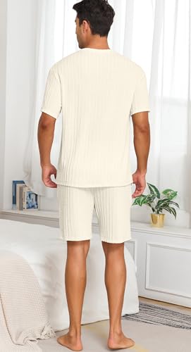 Mens Pajamas Set Summer Pjs Sets Lightweight Short Sleeve Pajama Shorts Set Soft Sleepwear Loungewear with Pockets