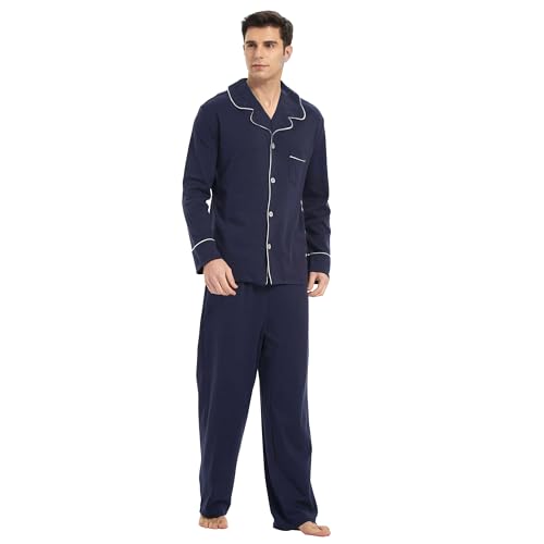 Mens Cotton Pajama Set, Soft Long Sleeve Pajamas for men Lightweight Button Up Sleepwear Lounge Pjs Set with Pockets