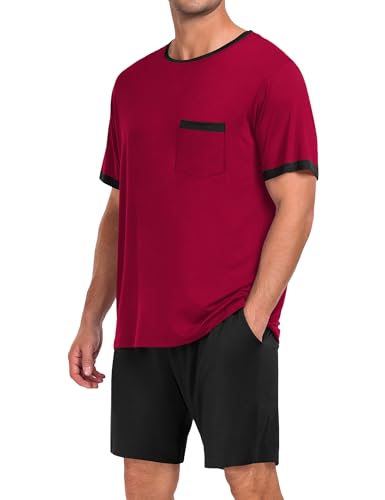Men Modal Pajamas Set Comfy Sleepwear Short Sleeve Pjs Set Soft 2 Piece Lounge Set Cozy Nightwear with Pockets