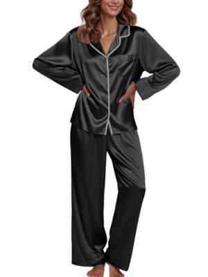 Pajamas For Women Set Silk Pjs 2 Piece Satin Sleepwear Long Sleeve Button Down Lounge Sets With Pant