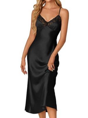Women's Satin V Neck Lace Trim Spaghetti Straps Sleeveless Chemise Lingerie Nightdress Nightgown