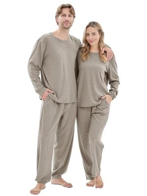 Ribbed Knit Matching Pajamas for Couples - Soft Cozy Pjs Long Sleeve Top & Wide Pant Sleepwear | Home & Lounge