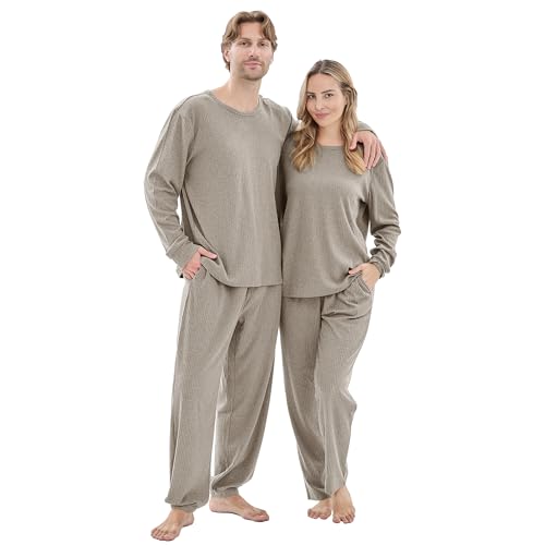 Ribbed Knit Matching Pajamas for Couples - Soft Cozy Pjs Long Sleeve Top & Wide Pant Sleepwear | Home & Lounge