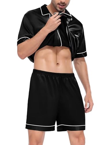 Satin Matching Pajamas Sets Couple Silk Button Down Nightwear Women & Men Short Sleeve Sleepwear 2 Pieces Loungewear Black