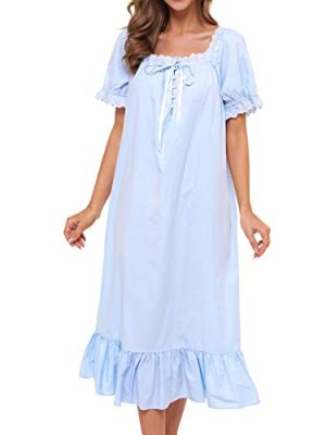 Women's Victorian Nightgown Cotton Sleepwear Long Loungewear Short Sleeve Vintage