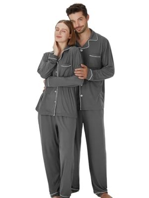 Matching Pajamas for Couples, Button Up Pjs Set for Men and Women Soft Warm Loungewear(Dark Grey, M)