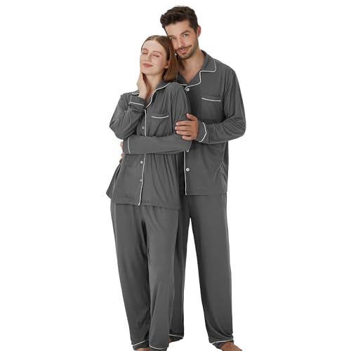 Matching Pajamas for Couples, Button Up Pjs Set for Men and Women Soft Warm Loungewear(Dark Grey, M)