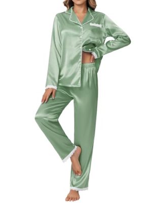 Satin Pajamas for Women Silk Long Sleeve Sleepwear Button Down Loungewear 2 Pieces Lace Soft Pjs Set