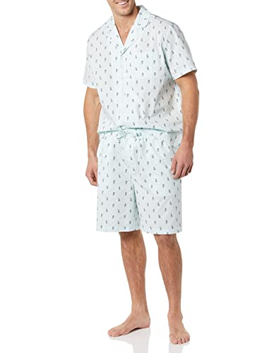Men's Lightweight Woven Short Pajama Set with Notch Collar and Button Loungewear
