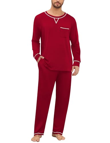 Mens Pajamas Set Modal Long Sleeve Sleepwear Crew Neck Pjs 2 Piece Loungewear Nightshirt Top & Pants with Pockets