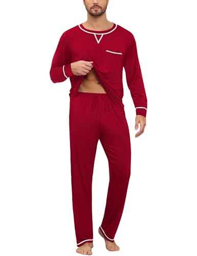 Mens Pajamas Set Modal Long Sleeve Sleepwear Crew Neck Pjs 2 Piece Loungewear Nightshirt Top & Pants with Pockets