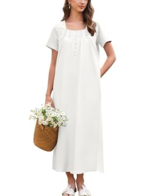 Cotton Nightgowns for Women Short Sleeve Sleepshirt Ladies Victorain Sleepwear Gown Soft Loungewear with Pockets