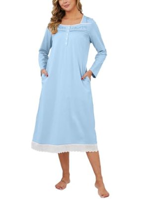Nightgowns for Women Soft 100% Cotton House Dress Embroidery Long Sleeve Night Gowns Comfy Long Sleepwear
