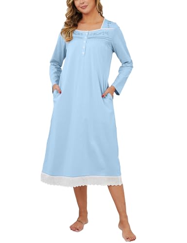 Nightgowns for Women Soft 100% Cotton House Dress Embroidery Long Sleeve Night Gowns Comfy Long Sleepwear