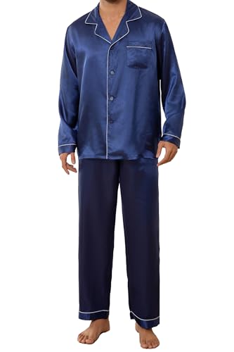 Mens Satin Pajamas Set Long Sleeve Button Down Silky Pjs Sets 2 Pieces Sleepwear with Pockets