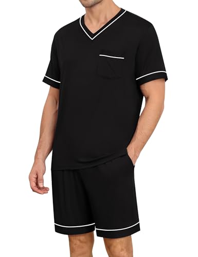 Mens Pajama Set Short Sleeve Pjs Set V-Neck Sleepwear 2 Pcs Soft Modal Lounge Sets Comfy Nightwear with Pockets