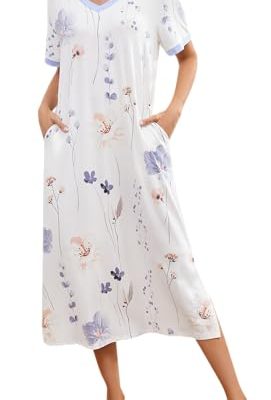 Cotton Nightgowns for Women Soft Short Sleeve Long Night Gowns Sleepwear with Pockets