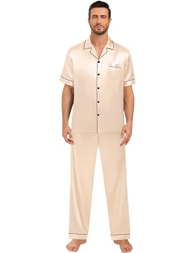 Matching Pajamas for Couples Satin Short Sleeve Sleepwear Women/Men Silk Soft Button Down Nightwear 2 Pcs Loungewear
