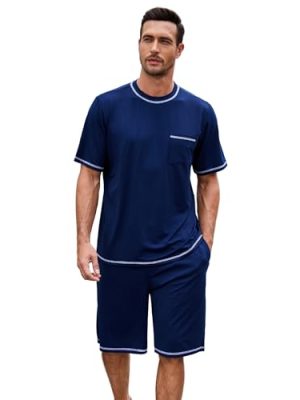 Mens Pajama Set, Soft Short Sleeve Lounge Set Pullover Pjs 2 Piece Outfits with Pocket