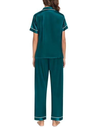 Couple Pajama Sets Silk Satin Sleepwear Short Sleeve and Long Pants Pjs Set Soft Loungewear Classic Pajamas