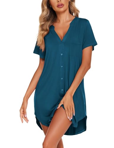 Women Button Down Nightgown V Neck Night Gowns Sleepshirts Short Sleep Shirts
