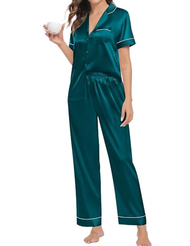 Couple Pajama Sets Silk Satin Sleepwear Short Sleeve and Long Pants Pjs Set Soft Loungewear Classic Pajamas