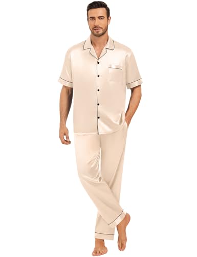 Matching Pajamas for Couples Satin Short Sleeve Sleepwear Women/Men Silk Soft Button Down Nightwear 2 Pcs Loungewear