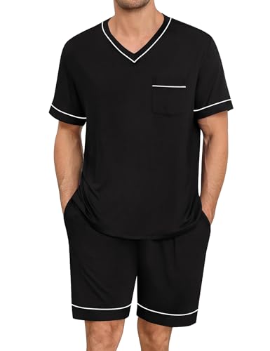 Mens Pajama Set Short Sleeve Pjs Set V-Neck Sleepwear 2 Pcs Soft Modal Lounge Sets Comfy Nightwear with Pockets