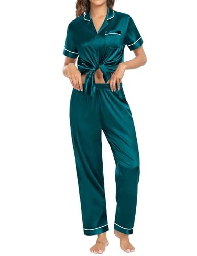 Couple Pajama Sets Silk Satin Sleepwear Short Sleeve and Long Pants Pjs Set Soft Loungewear Classic Pajamas