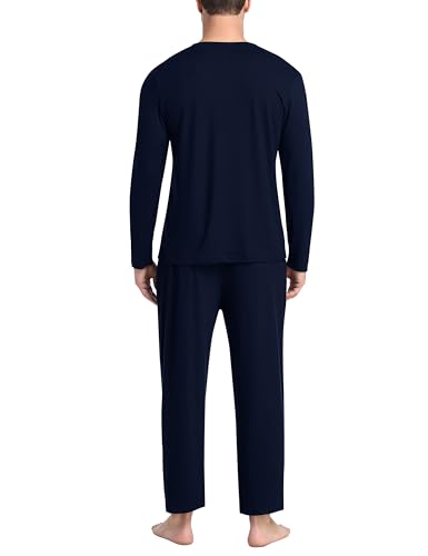Men's Long Sleeve Pajama Set Soft Lightweight 2-Piece Sleepwear V-Neck Pjs for Nightwear Home Lounge with Pockets