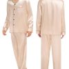 Couples Matching Pajamas Sets Women & Men Silk Satin Long Sleeve Button Down Sleepwear 2 Pcs Classic Loungewear Women Champagne