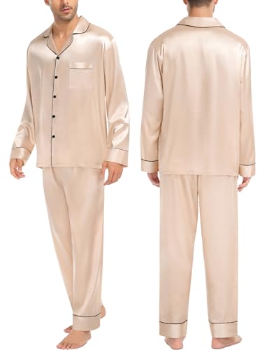 Couples Matching Pajamas Sets Women & Men Silk Satin Long Sleeve Button Down Sleepwear 2 Pcs Classic Loungewear Women Champagne