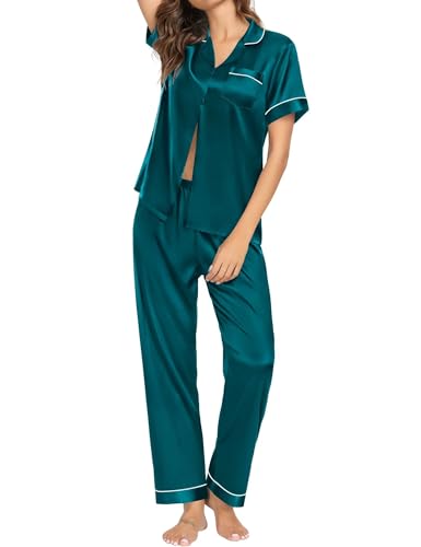 Couple Pajama Sets Silk Satin Sleepwear Short Sleeve and Long Pants Pjs Set Soft Loungewear Classic Pajamas