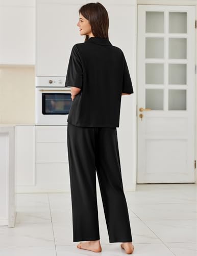 Women Pajamas Set Button Down Sleepwear Short Sleeve Pjs Soft Comfy Nightwear with Long Pants S-XXL
