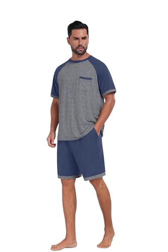 Mens Pajamas Set Lightweight Summer Pjs Sleepwear Soft Comfy Short Sleeve Loungewear Print With Pocket (S-4XL)