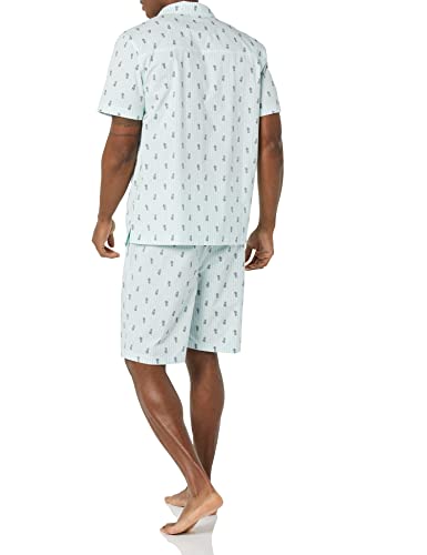 Men's Lightweight Woven Short Pajama Set with Notch Collar and Button Loungewear