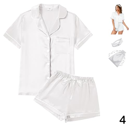 4Pcs Womens Satin Silky Pajama Sets Short Sleeve Shirt XS-4XL Floral Pajamas Set Soft PJ Loungewear Sleepwear