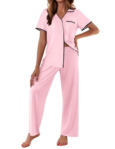 Women Pajamas Button Down Notch Collar Soft Short Sleeve Pjs with Long Pant Lounge Set