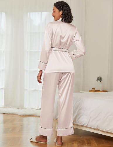 Satin Lounge Sets for Women 2 Pieces Silk Pajamas Set Long Sleeve Top with Pants Outfits with Belt
