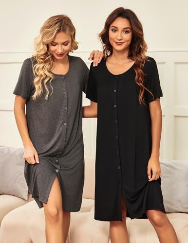 2 Pack Nightgowns for Women Button Down Night Shirts Short Sleeve Sleep Shirts V Neck Sleepwear Pajama Dress