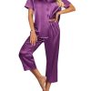 Womens Satin Pajamas Silk Capri Pjs 2 Piece Lounge Sets Short Sleeve Button Down Sleepwear