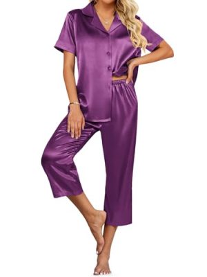 Womens Satin Pajamas Silk Capri Pjs 2 Piece Lounge Sets Short Sleeve Button Down Sleepwear