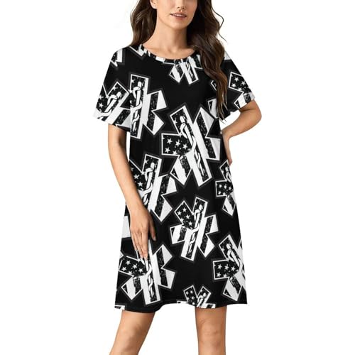 U.S.A. Flag with EMS Star of Life Nightgowns for Women Sleepwear Short Sleeve Sleep Dress Nightshirt