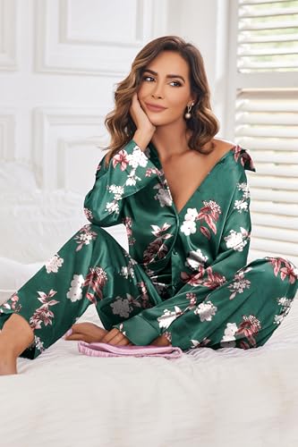 Classic Satin Pajamas for Women Long Sleeve Button Down Sleepwear Soft Silk Loungewear Pjs Set S-XXL