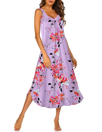 Sleeveless Nightgowns for Women Long Night Gown Pleated Full Length Sleepwear Tank Sleep Dress Slit Dress S-2XL