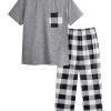 Men's 2 Piece Loungewear Pajama Set Plaid Print Short Sleeve Tee Top and Pants Set