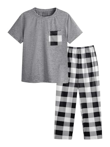 Men's 2 Piece Loungewear Pajama Set Plaid Print Short Sleeve Tee Top and Pants Set