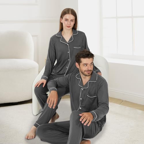 Matching Pajamas for Couples, Button Up Pjs Set for Men and Women Soft Warm Loungewear(Dark Grey, M)