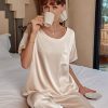 Womens Satin Silky Pajama Set Short Sleeve Shirt with Long Pajama Pant Set Soft PJ Loungewear